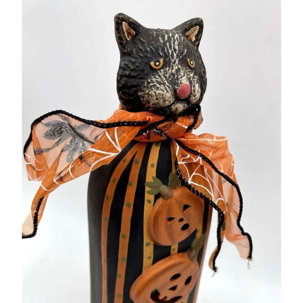 Halloween Black Cat Pumpkin Tea Candle Holder Ceramic Statue Folk Decoration 10" - Picture 8 of 11